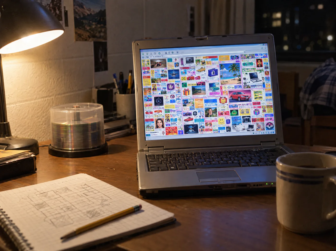 A 2005 dorm desk with a laptop showing a page full of pixel ads