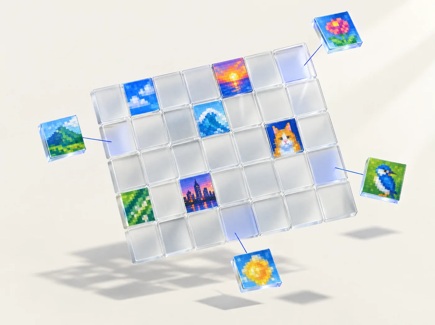 Glass pixel tiles lifting out of a grid, linked by blue lines